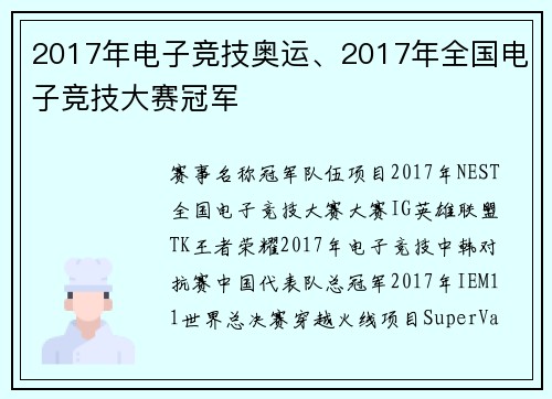 2017年电子竞技奥运、2017年全国电子竞技大赛冠军
